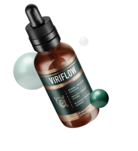 ViriFlow prostate health supplement bottle with natural ingredients and certification seals.