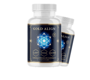 Gold Align supplement bottle with the energetic atom logo and sacred frequency visualization.